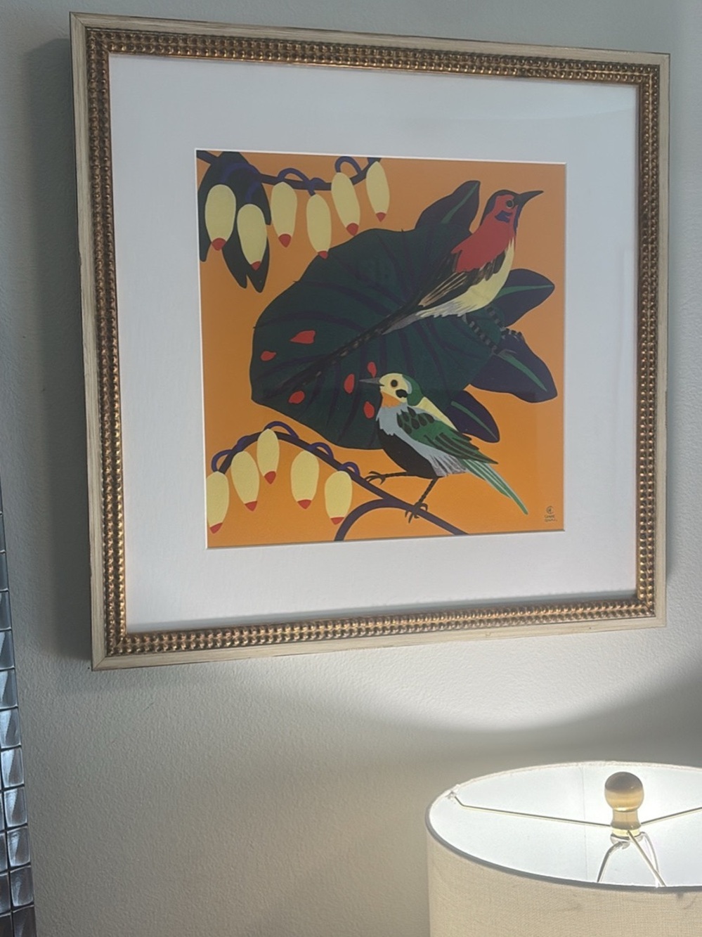 Anthropologie Tropical Birds Framed Art - Orange, Green, Yellow
